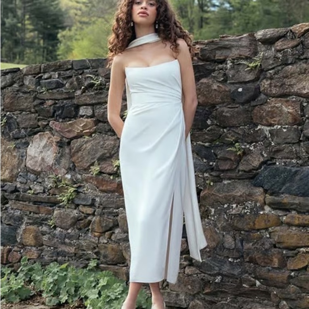 Jenny Yoo Ivory One-Shoulder Midi Dress with Draped Scarf Detail